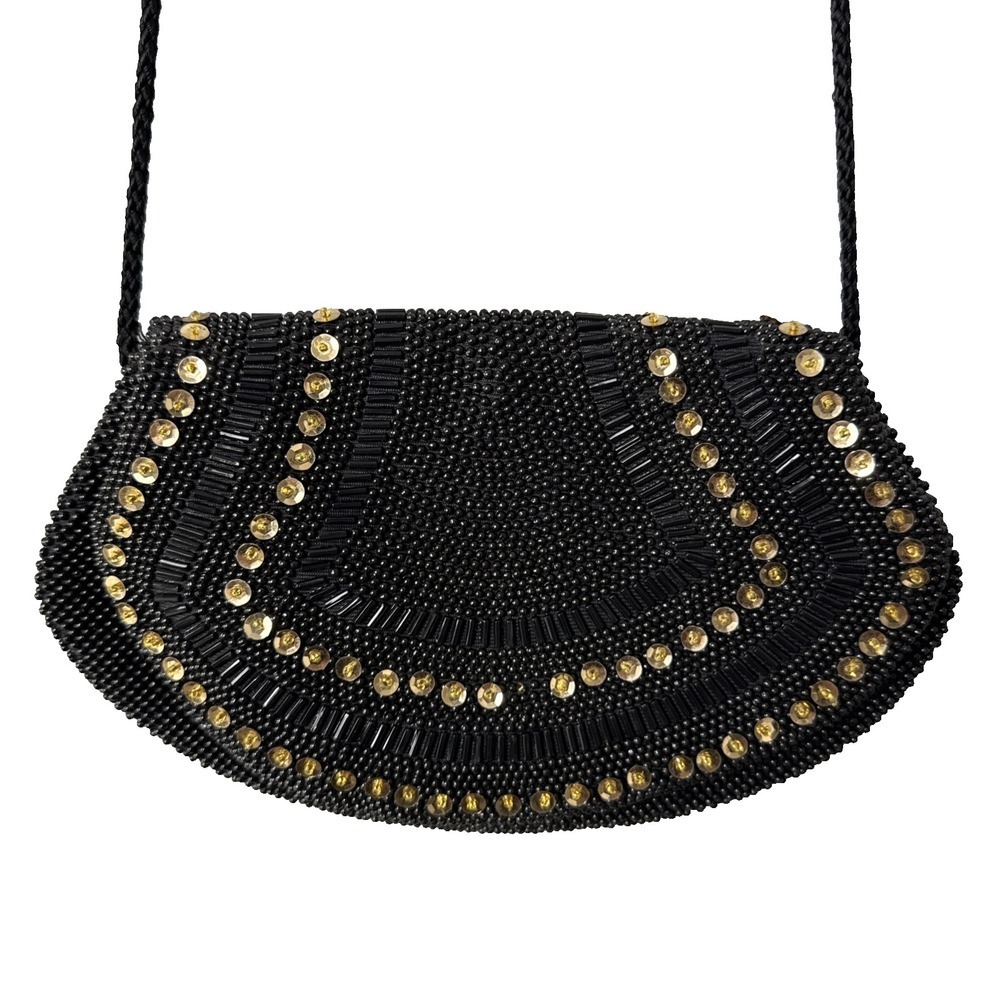 Beaded Evening Clutch Bag Women OS Black Gold Sequin Crossbody Vintage Style